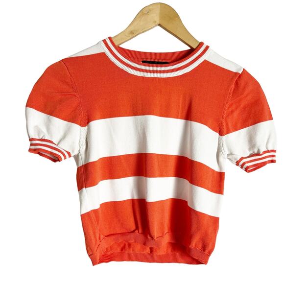 Romeo + Juliet Orange White Striped Pleated Skirt Puff Sleeve Top Co-Ord Set S - Picture 2 of 14